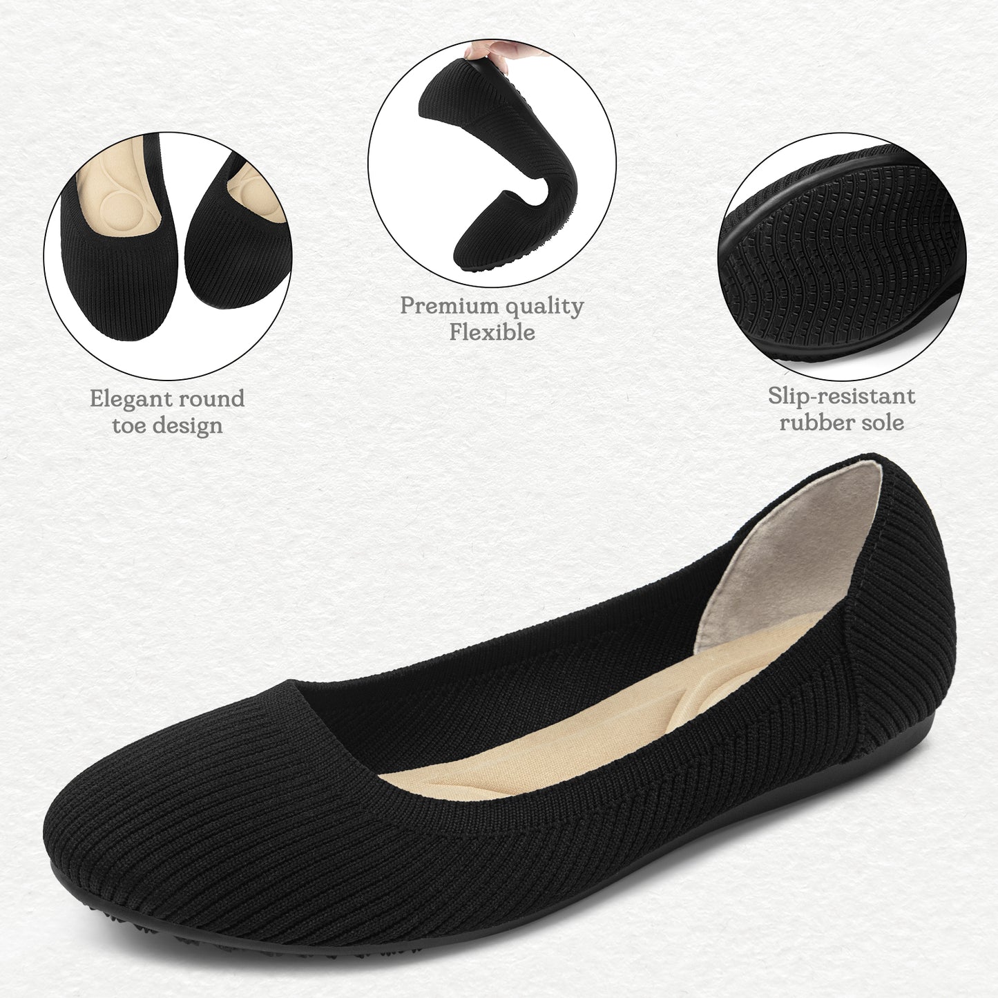 AEDAMURRA Black Flats for Women, Round Toe Ballet Flats Shoes with Arch Support, Washable Comfortable Knit Flats for Women Dressy Wedding Work Office Casual
