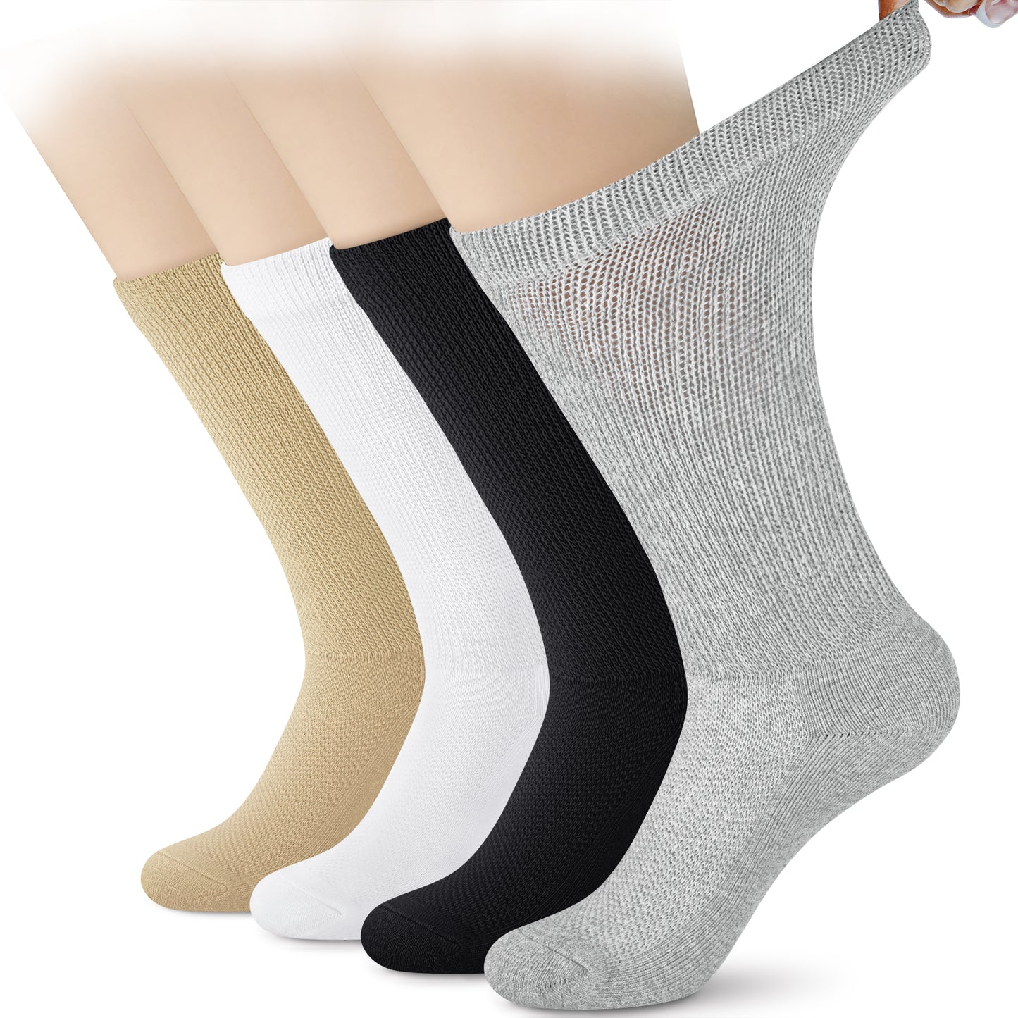 Loritta 4 Pairs Diabetic Socks for Women & Men Super Soft Non-Binding Extra Wide Top Crew Socks