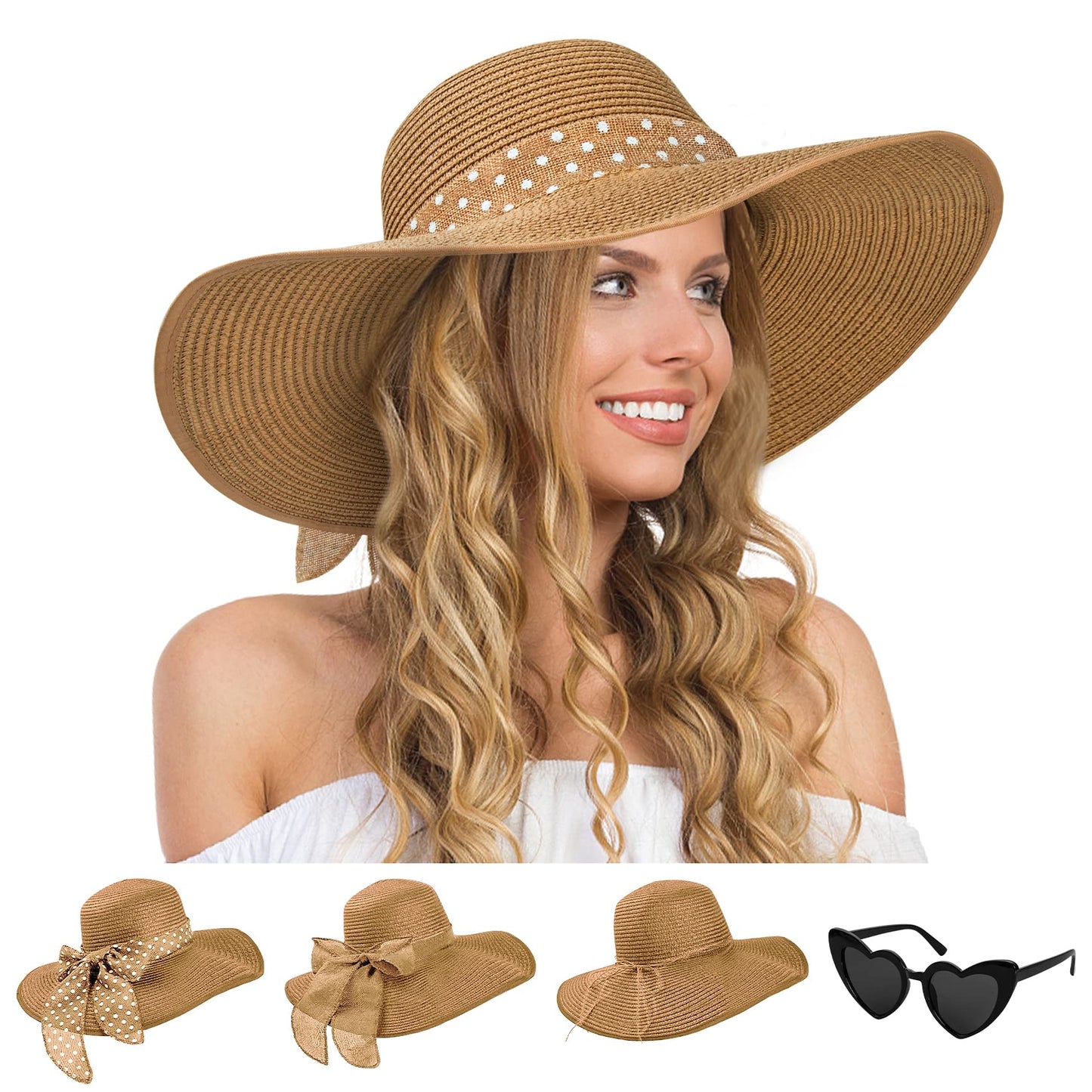 Loritta Women Sun Hat，Wide Brim Sun Hats Floppy Straw Hat with Heart Shape Glasses