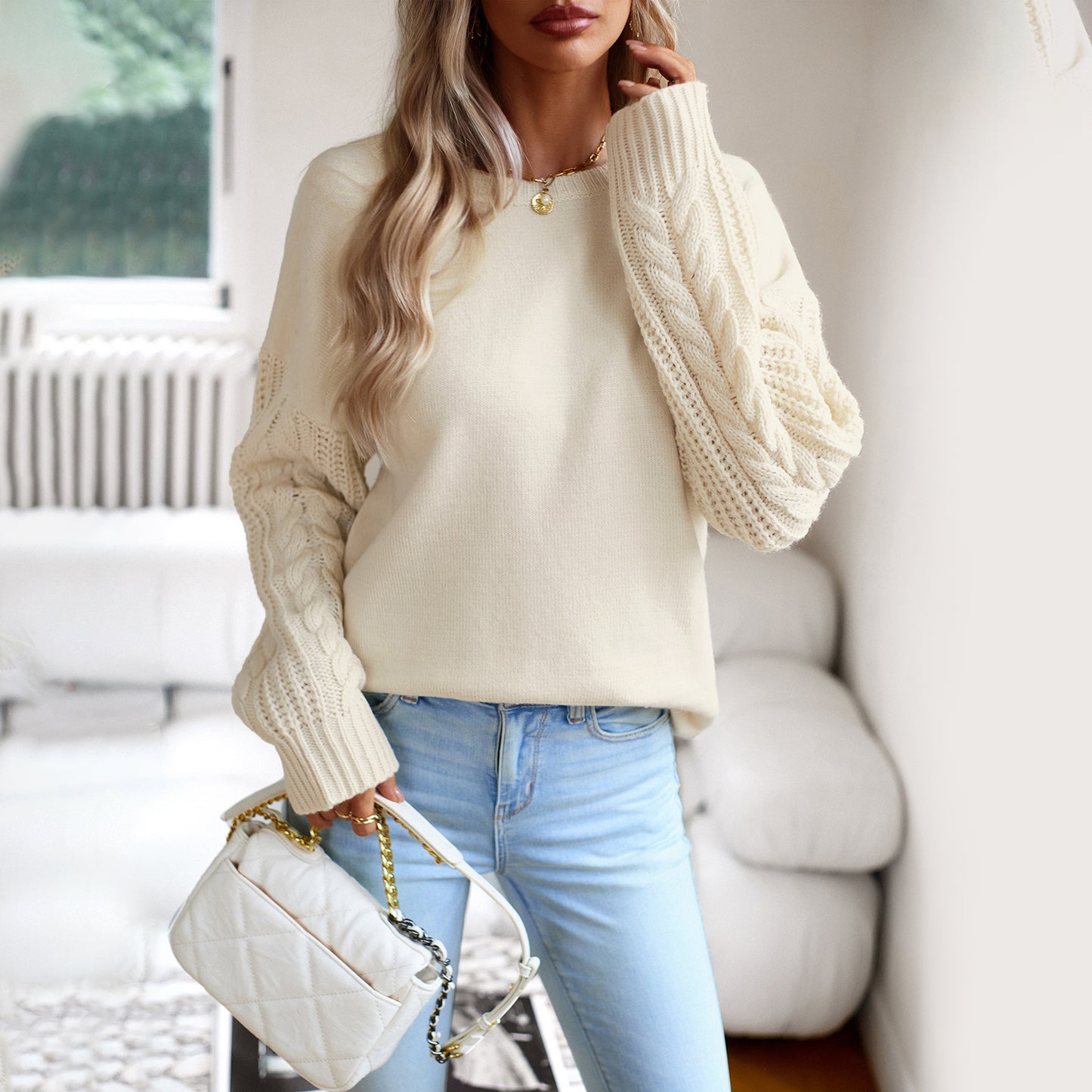 Loritta Womens Long Sleeve Round Collar Crewneck Sweater Knitted Pullover