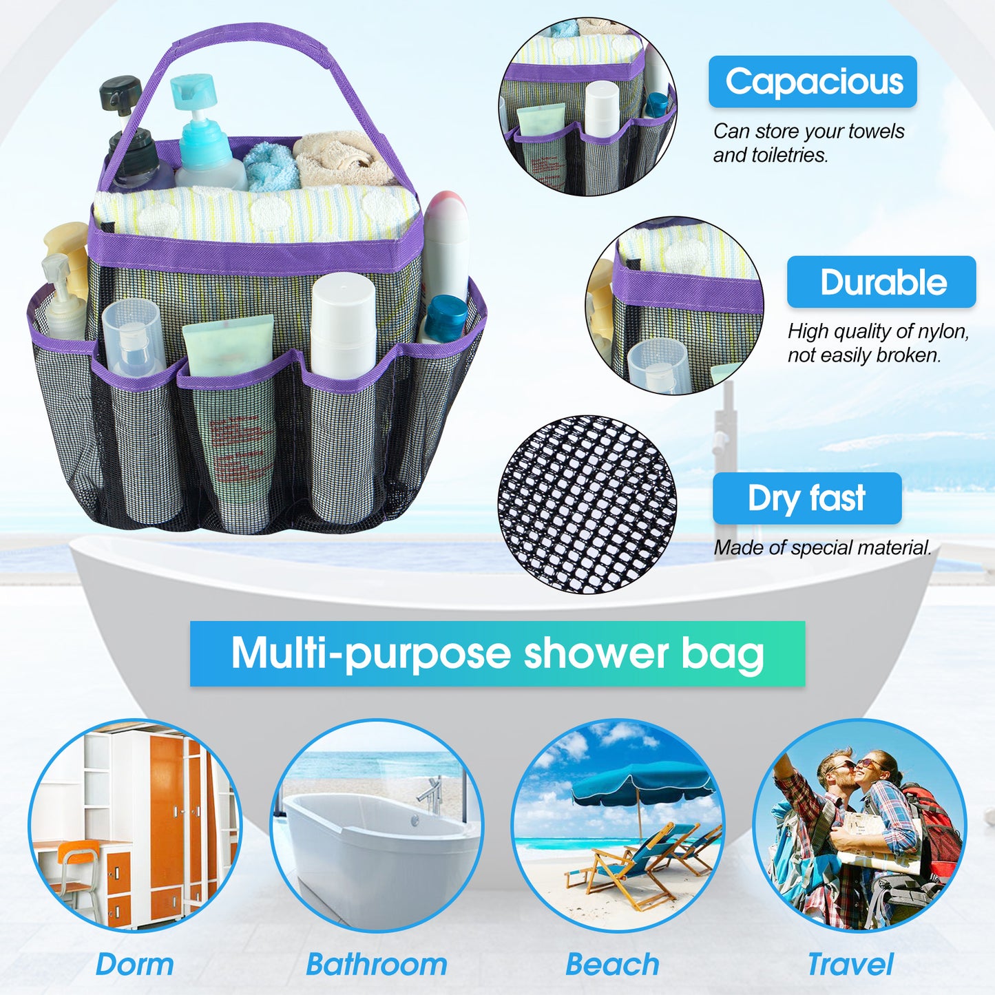 Loritta Mesh Shower Caddy with 8 Pockets Quick Dry Large Capacity Tote for College Dorms Bathroom