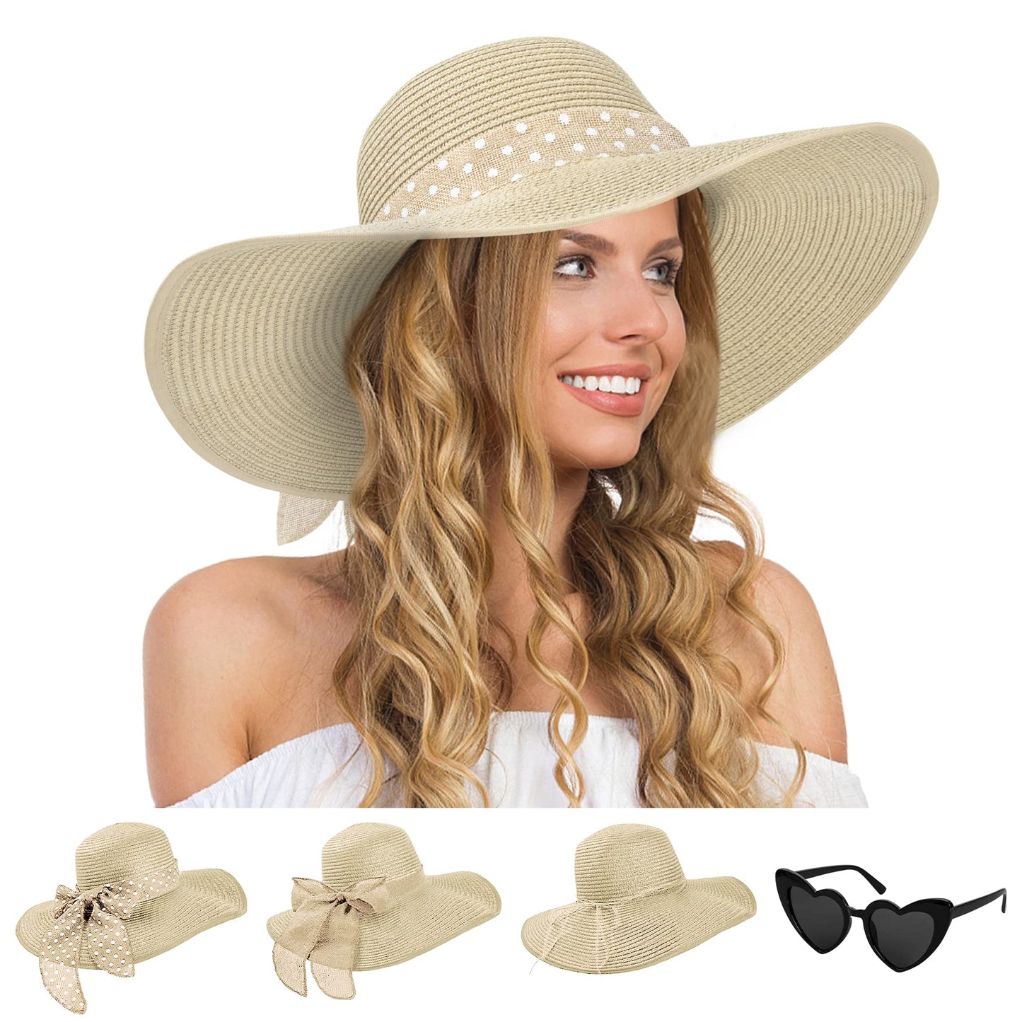 Loritta Women Sun Hat，Wide Brim Sun Hats Floppy Straw Hat with Heart Shape Glasses