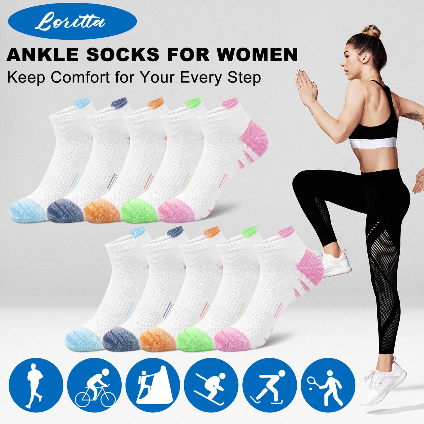 Loritta Womens Ankle Socks Low Cut Athletic Running Performance Socks for Women, 10 Pack