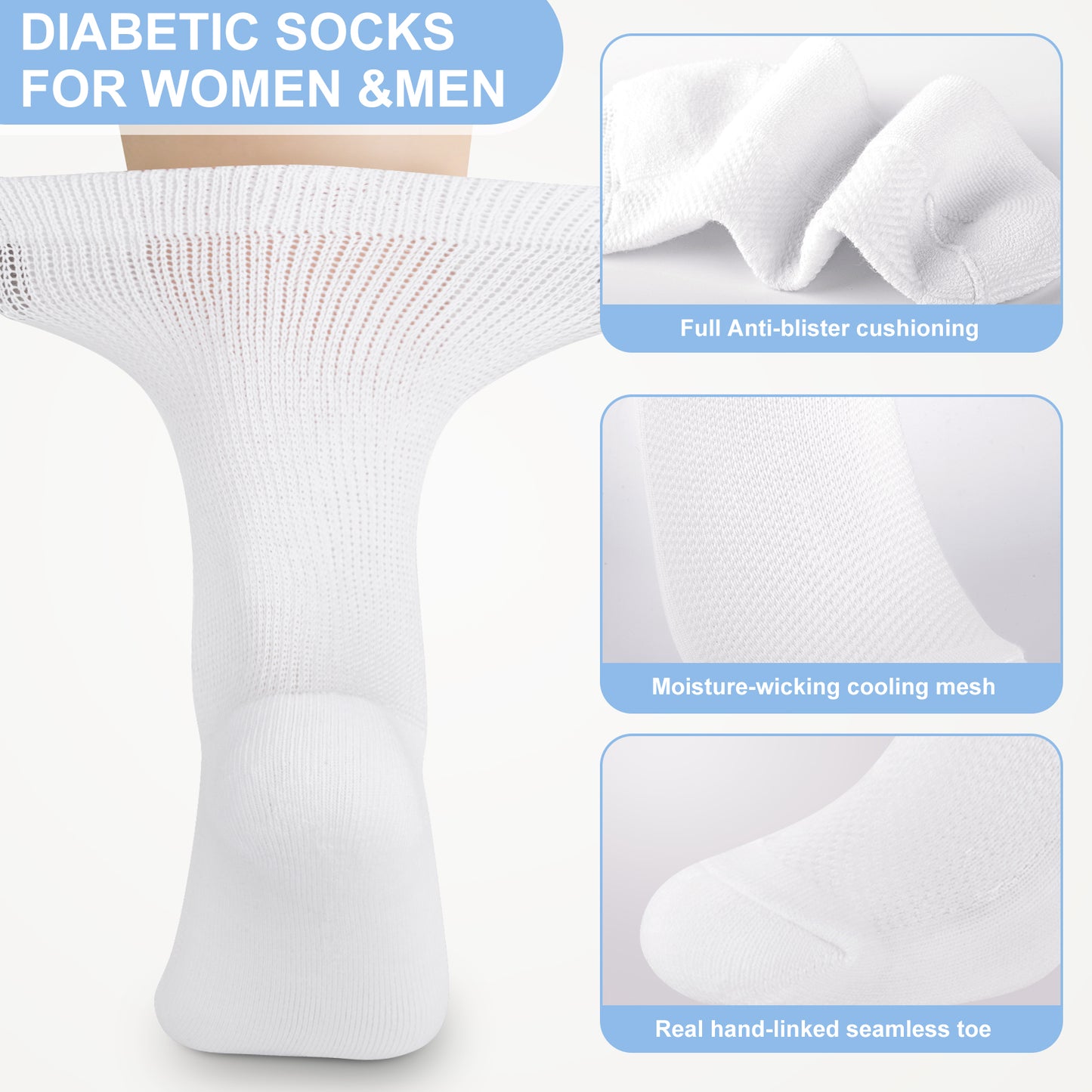 Loritta 4 Pairs Diabetic Socks for Women & Men Super Soft Non-Binding Extra Wide Top Crew Socks
