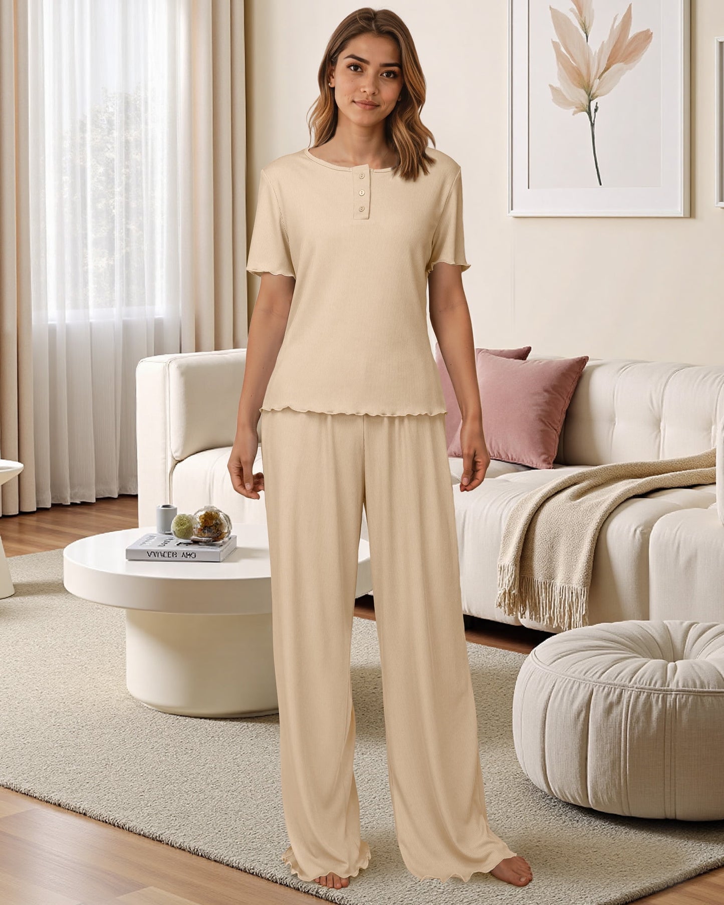 Loritta Womens Pajamas Knit Long Pants Lounge Sets 2 Piece For Women Fall Khaki