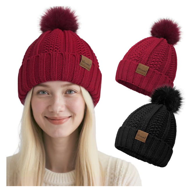Women Satin Lined Beanie Hat Knit Cuffed Warm Winter Hats Faux Fur Pom