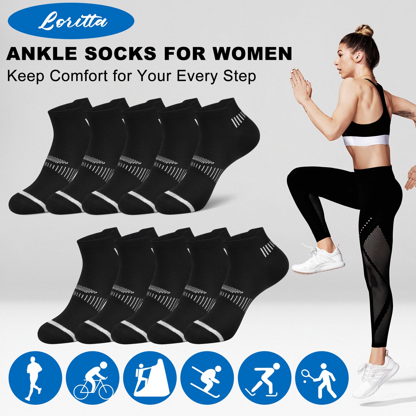 Loritta Womens Ankle Socks Low Cut Athletic Running Performance Socks for Women, 10 Pack