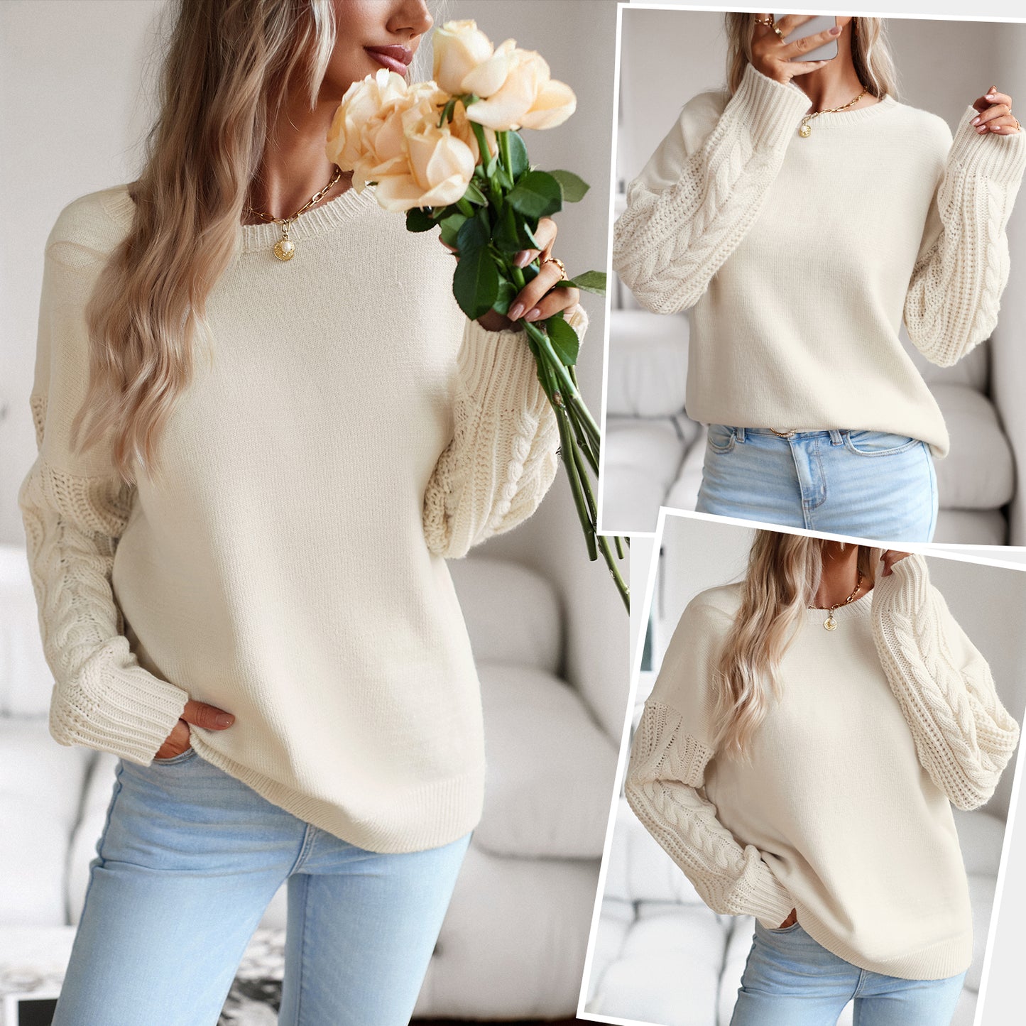 Loritta Womens Long Sleeve Round Collar Crewneck Sweater Knitted Pullover