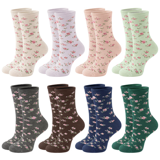 Loritta 8 Pairs Cotton Womens Socks Floral Pattern Crew Socks for Women Cute Flower Daily Wear Size 5-9