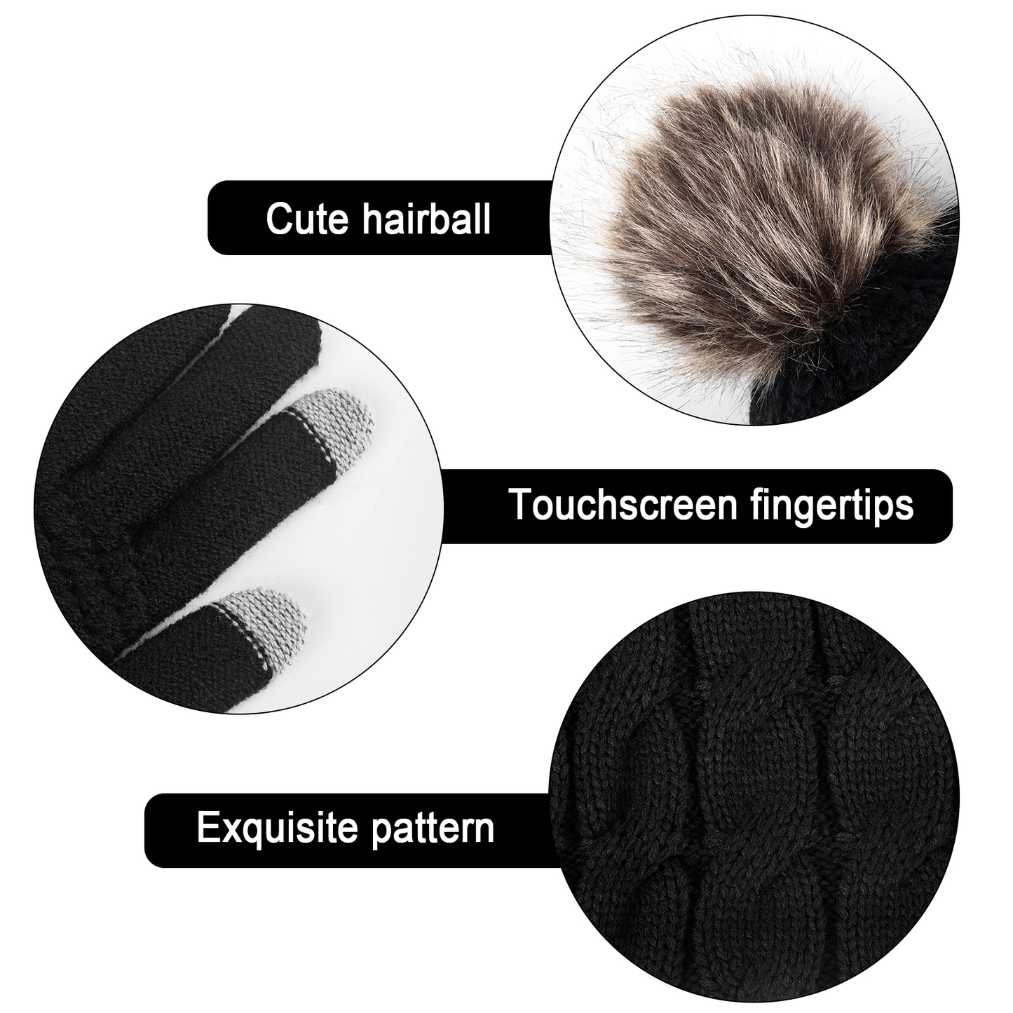 Loritta Women's Winter Warm Sets Knitted Fur Pompoms Beanie Hat Circle Loop Scarf Touch Screen Gloves Winter Favor Accessories