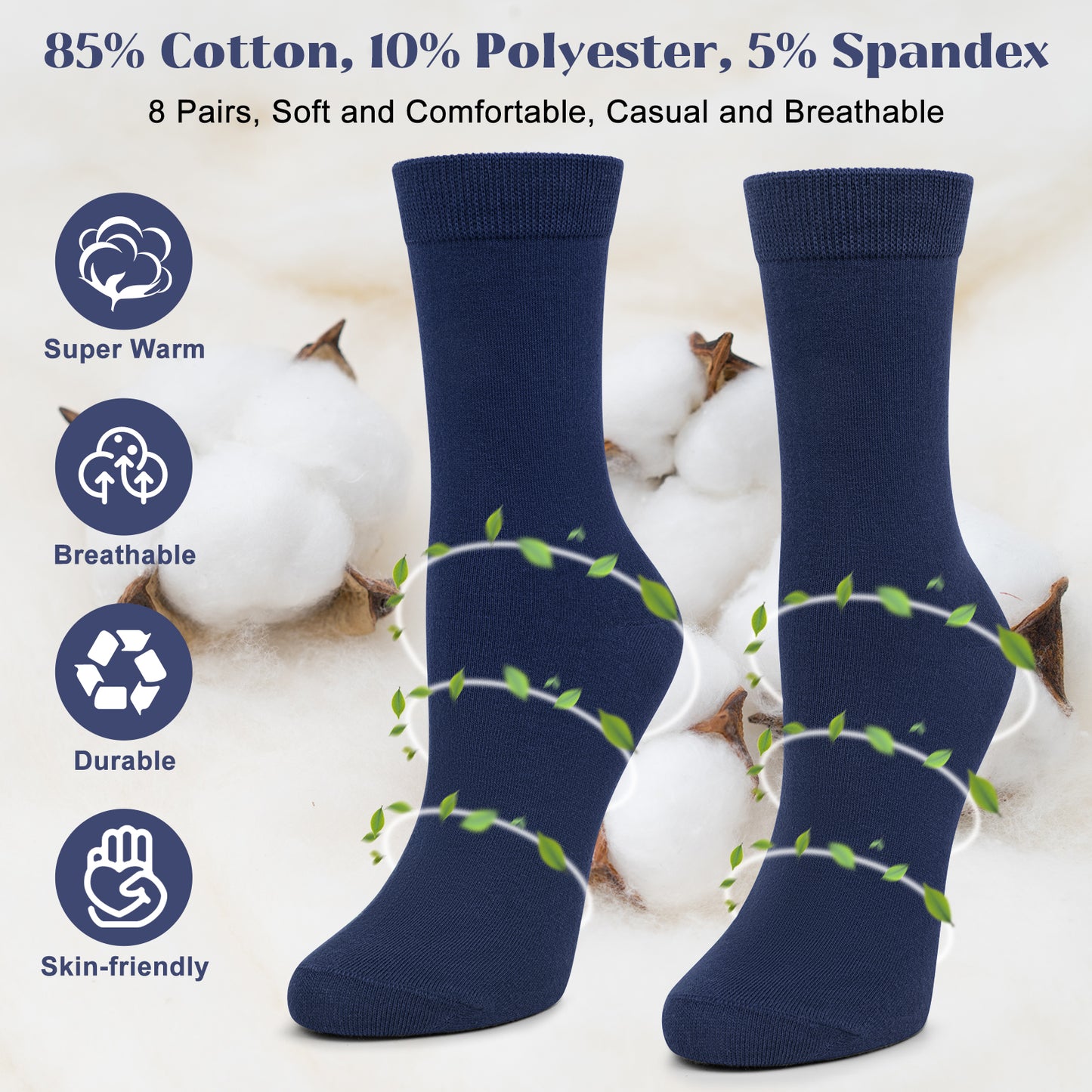 Loritta 8 Pairs Crew Socks Solid Casual Cotton Socks Athletic Dress Socks