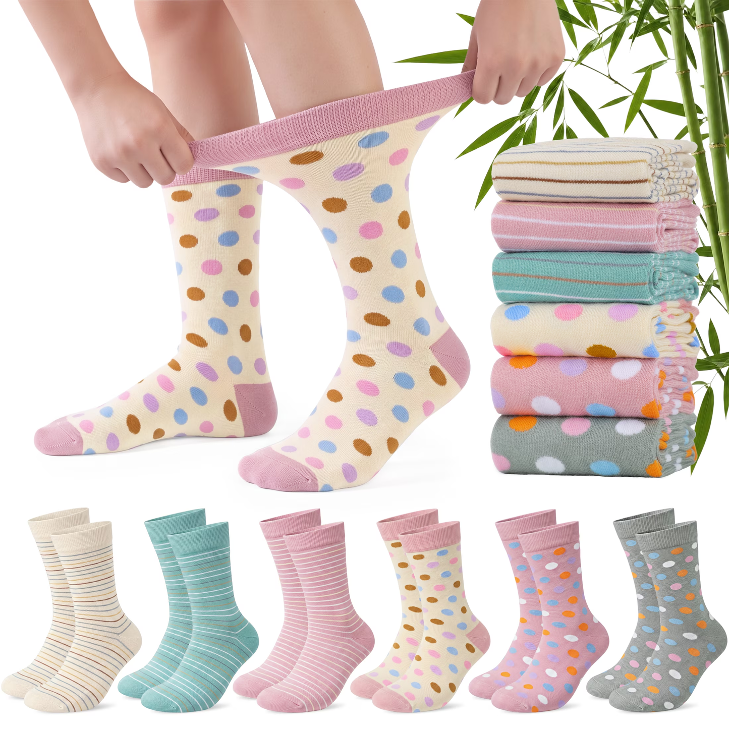 Loritta Women Crew Socks 6-Pack, Soft Bamboo Fiber Non-Binding Breathable Socks for Women, Size 9-11