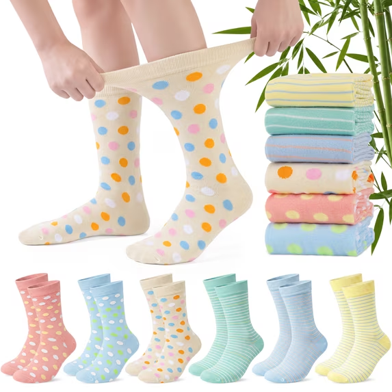 Loritta Women Crew Socks 6-Pack, Soft Bamboo Fiber Non-Binding Breathable Socks for Women, Size 9-11