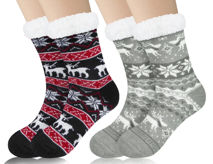 Loritta 2 Pack Womens Thick Knit Sherpa Fleece Slipper Socks Grippers