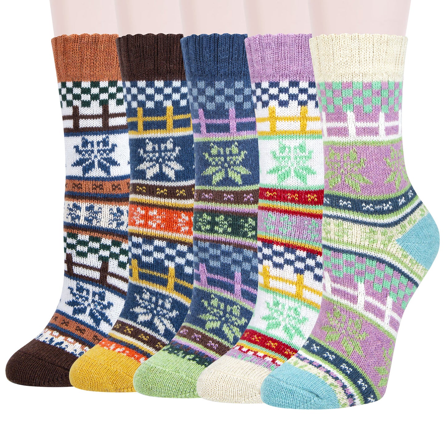 Pack of 5 Womens Winter Socks Warm Thick Knit Wool Soft Vintage Casual Crew Socks Gifts