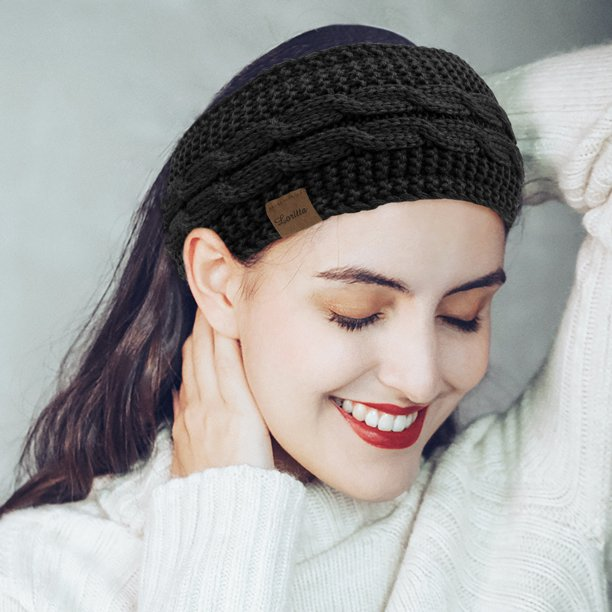 Loritta Comfy 2 Pack Womens Headbands Winter Warm Fashion Ear Warmers, Black and Beige