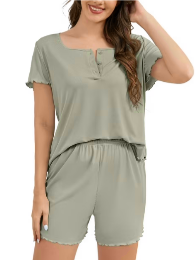Loritta Pajamas for Women 2 Piece Ribbed Knit Short Sleeve Pajama Lounge Sets Summer Green 2XL