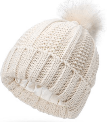 Women Satin Lined Beanie Hat Knit Cuffed Warm Winter Hats Faux Fur Pom