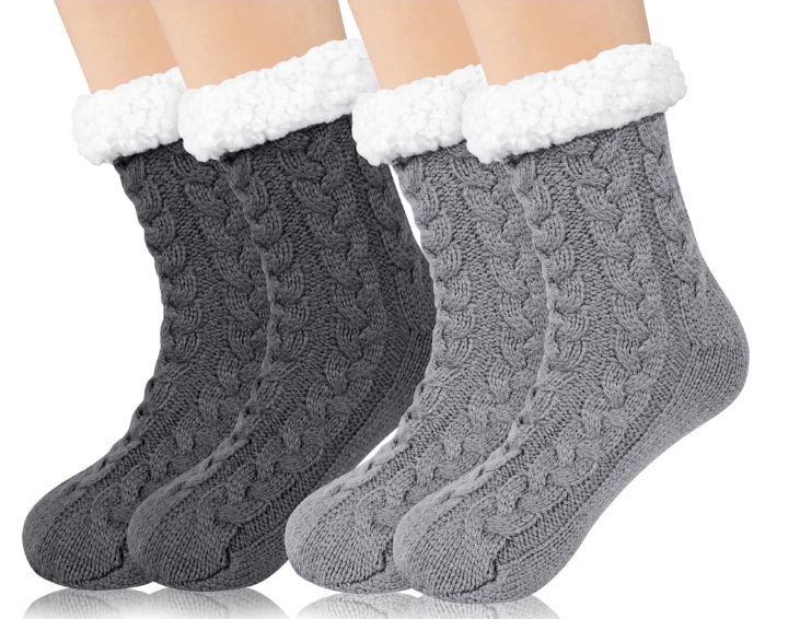Loritta 2 Pack Womens Thick Knit Sherpa Fleece Slipper Socks Grippers