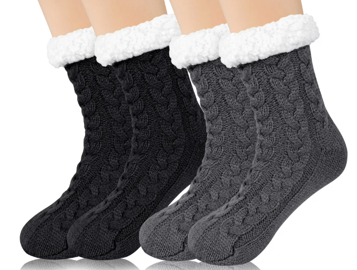 Loritta 2 Pack Womens Thick Knit Sherpa Fleece Slipper Socks Grippers