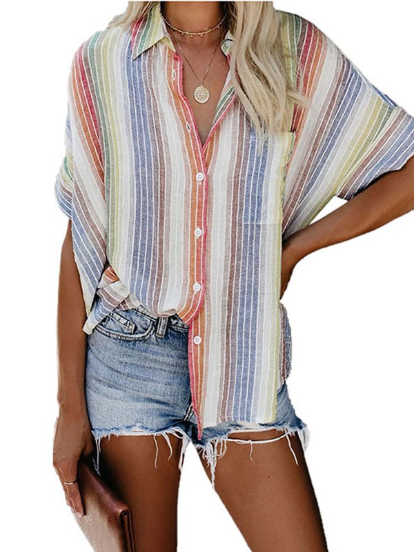 Casual Striped Short Sleeve V Neck Tops-Tops-Blouses & Shirts