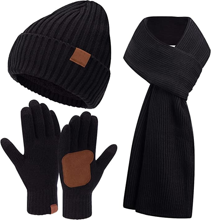 Loritta Men & Women Winter Knit Hat Beanie Long Scarf Touchscreen Gloves Set Skull Cap Neck Warmer Gloves Set with Fleece Lined
