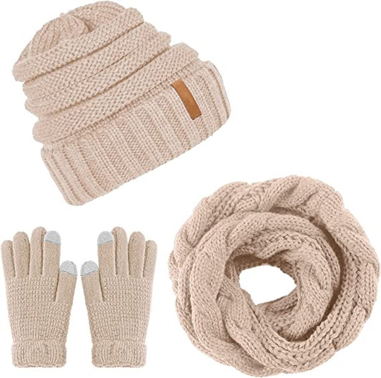 Loritta Winter Warm Knitted Scarf Beanie Hat and Gloves Set Men & Women's Soft Stretch Hat Scarf and Mitten Set