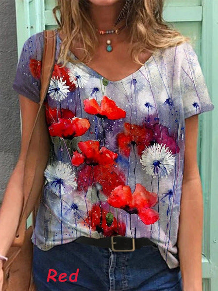 Colorful Flower Painting V Neck Short Sleeve T-Shirts