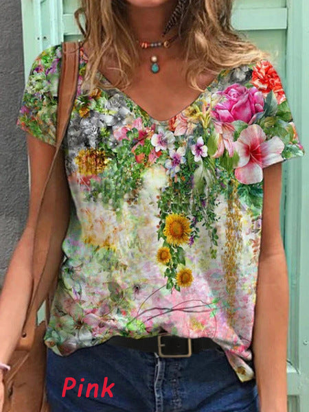 Colorful Flower Painting V Neck Short Sleeve T-Shirts