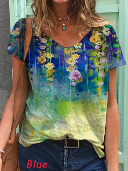 colorful-flower-painting-v-neck-short-sleeve-t-shirts-img-show