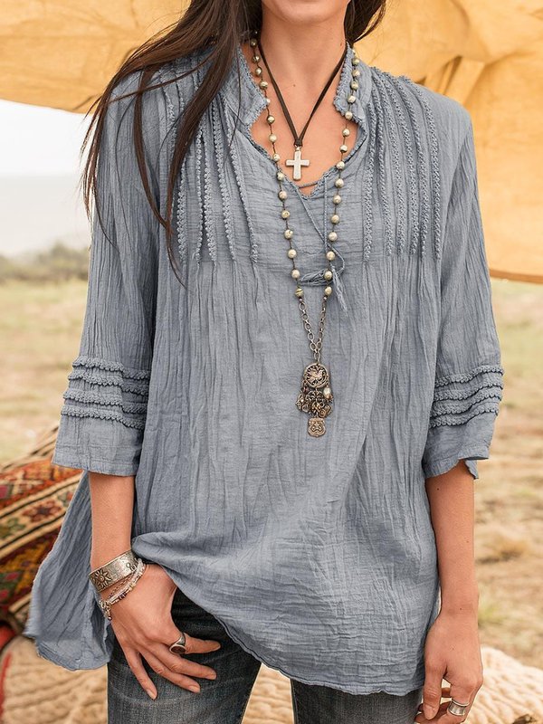 Boho Stand Collar Linen 3/4 Sleeve Guipure Lace Shirts & Blouses-Tops-Blouses & Shirts