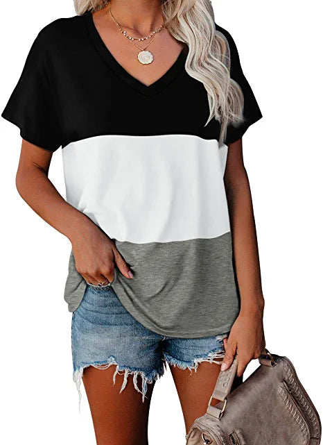 Loritta T-Shirts for Women Summer Color Block Tops V Neck T-Shirt