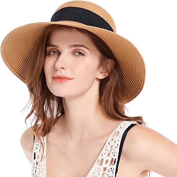 Women Wide Brim Straw Panama Roll up Hat Belt Buckle Fedora Beach Sun Hat UPF50+