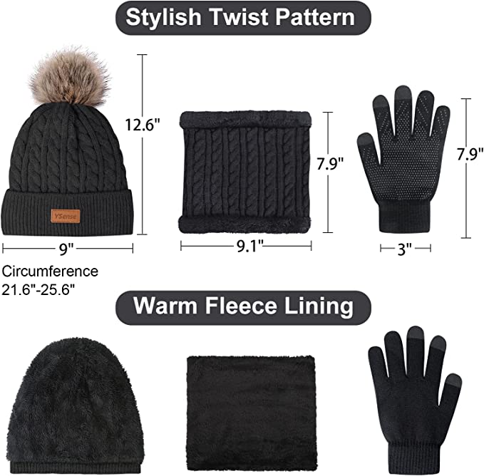 Loritta 3 in 1 Winter Hat Scarf Glove Set for Women, Warm Fleece Lined Knit Beanie Hat Touchscreen Gloves and Neck Warmer