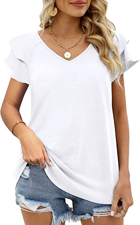 Womens Summer Tops Ruffle Short Sleeve V Neck T-Shirts