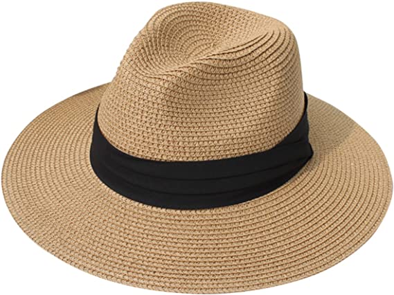 Women Wide Brim Straw Panama Roll up Hat Belt Buckle Fedora Beach Sun Hat UPF50+