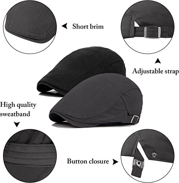 Loritta 2 Pack Newsboy Hats for Men Women Cotton Flat Gatsby Cap Adjustable Golf Driving Hunting Hat