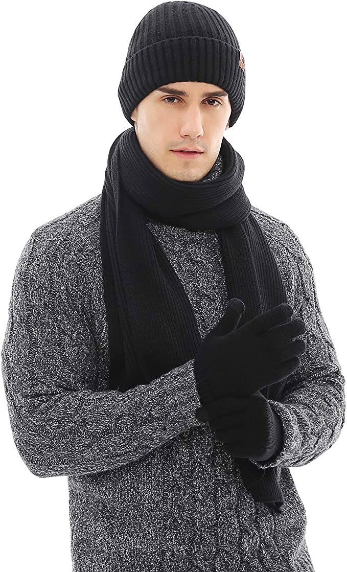 Loritta Men & Women Winter Knit Hat Beanie Long Scarf Touchscreen Gloves Set Skull Cap Neck Warmer Gloves Set with Fleece Lined