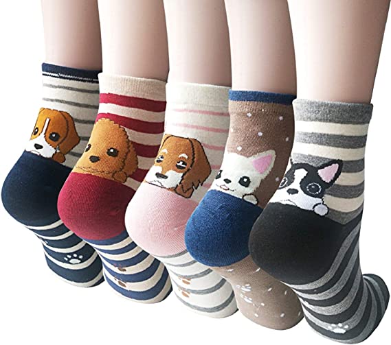 Loritta Cute Socks Womens Dog Cat Novelty Animal Socks for Girl Cartoon Cotton Casual Crew Funny Socks 5 Pairs