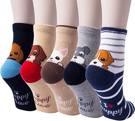 Loritta Cute Animal Socks for Women 5 Pairs, Funny Dog Socks and Cool 100% Cotton Art Painting Cat Socks Women