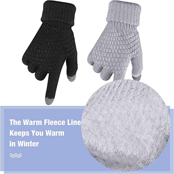 Loritta 2 Pairs Women's Winter Touchscreen Gloves Warm Fleece Lined Knit Gloves Elastic Cuff Winter Texting Gloves