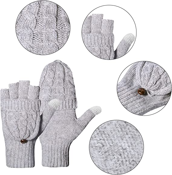 Loritta Winter Gloves Warm Wool Knit Flip Fingerless Gloves Mittens for Women Gifts
