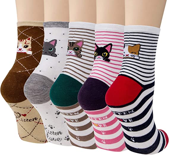 Loritta Cute Socks Womens Dog Cat Novelty Animal Socks for Girl Cartoon Cotton Casual Crew Funny Socks 5 Pairs