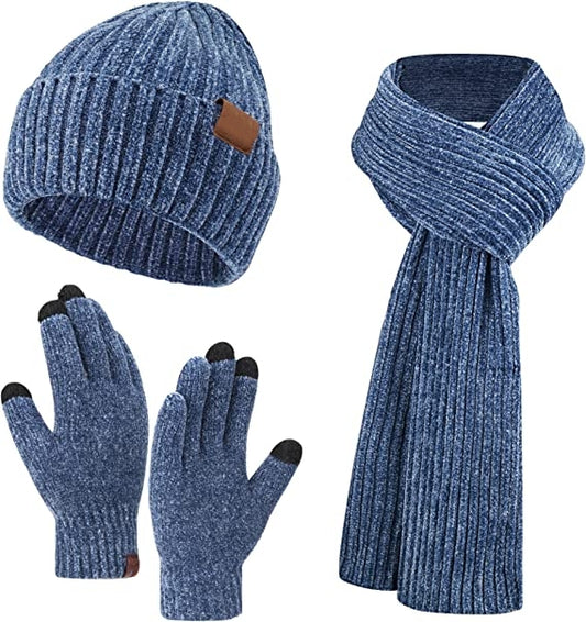 Loritta Women's Winter Knit Warm Hat Beanie Long Scarf Touch Screen Gloves Set Skull Caps Neck Scarves for Women Men