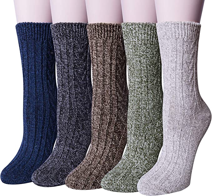 Pack of 5 Womens Winter Socks Warm Thick Knit Wool Soft Vintage Casual Crew Socks Gifts