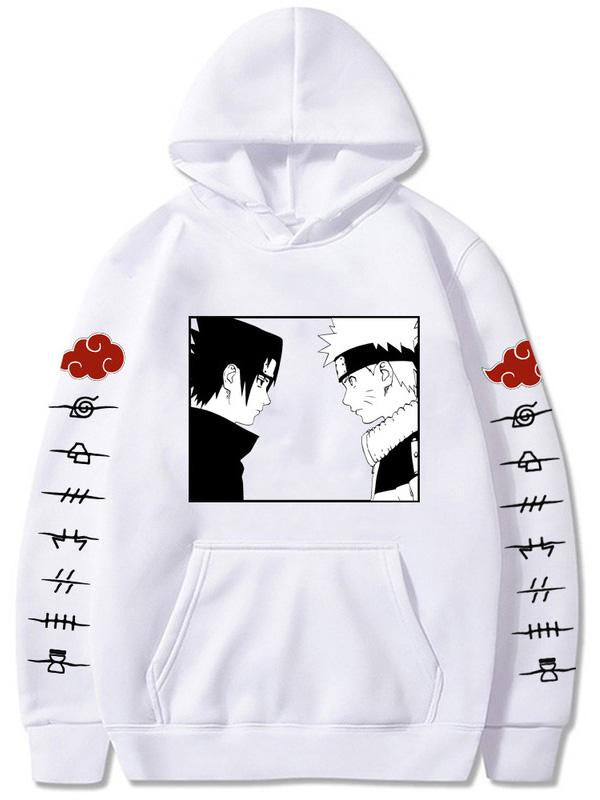 Manga Sasuke and Naruto White Printed Hoodie