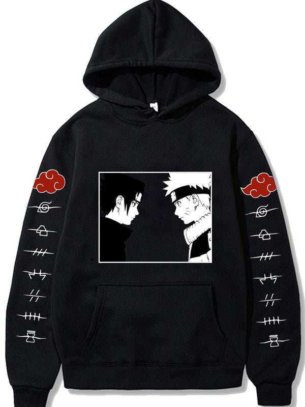 Manga Sasuke and Naruto Black Printed Hoodie