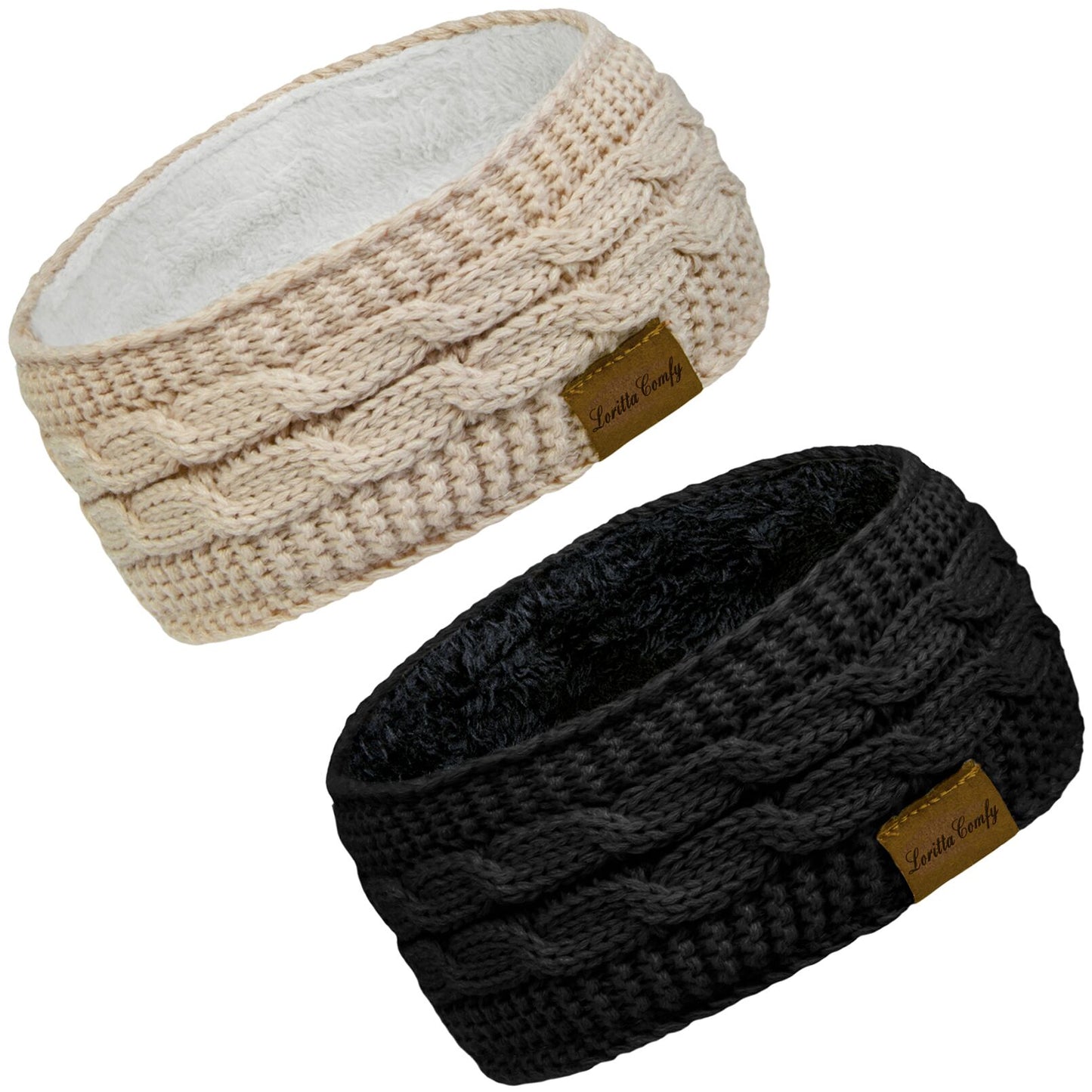 Loritta Comfy 2 Pack Womens Headbands Winter Warm Fashion Ear Warmers, Black and Beige