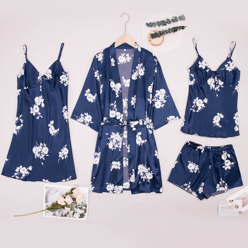Women Robes and Camisole 4-Piece Set Soft Silk Like Loungewear with Flower Printed