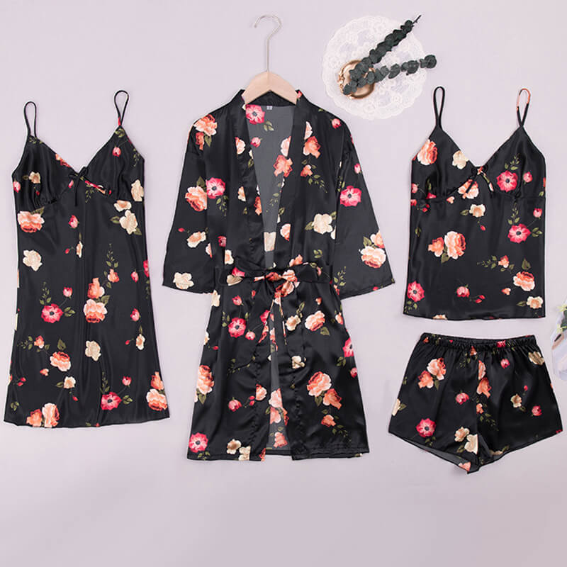 Women Robes and Camisole Chemise 4-Piece Set Soft Silk Like Flower Print loungewear